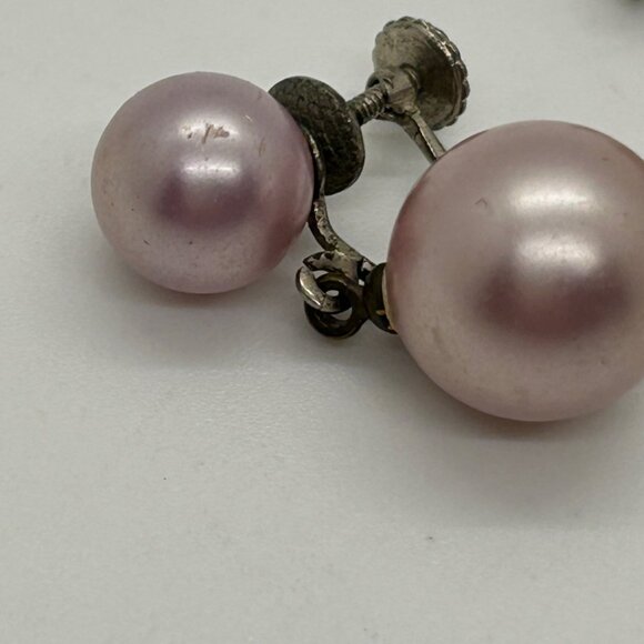 Vtg Pink Faux Pearl Drop Dangle Earrings 925 Screw-Back MCM 1940-50s 5.2 Grams - Picture 14 of 16